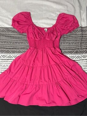 Bright Pink Puff Sleeve Tiered Dress